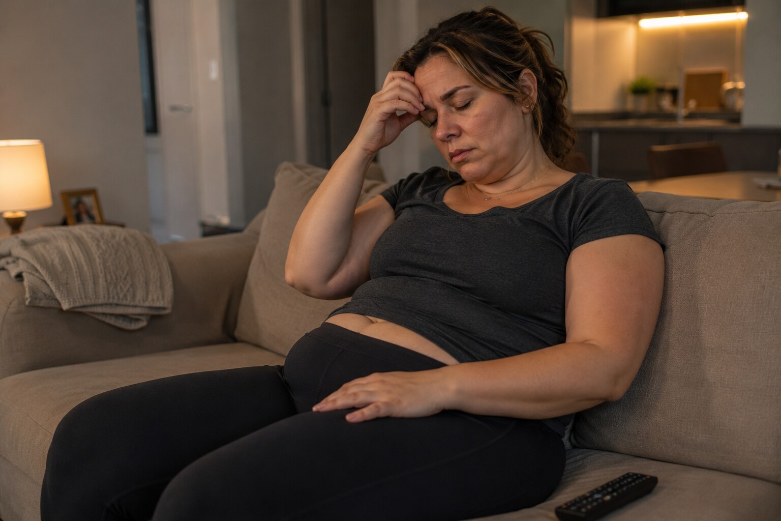Mulher cansada após dia corrido